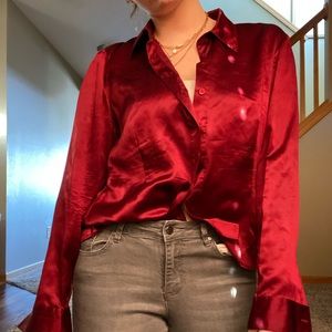 Silk red button down top